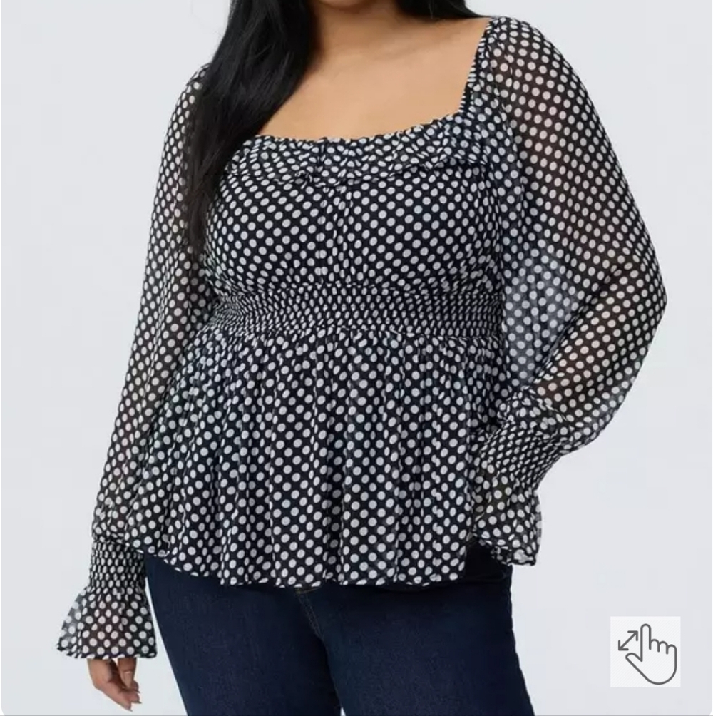 NWOT Torrid Black with White Polka Dot Smocked Peplum Blouse